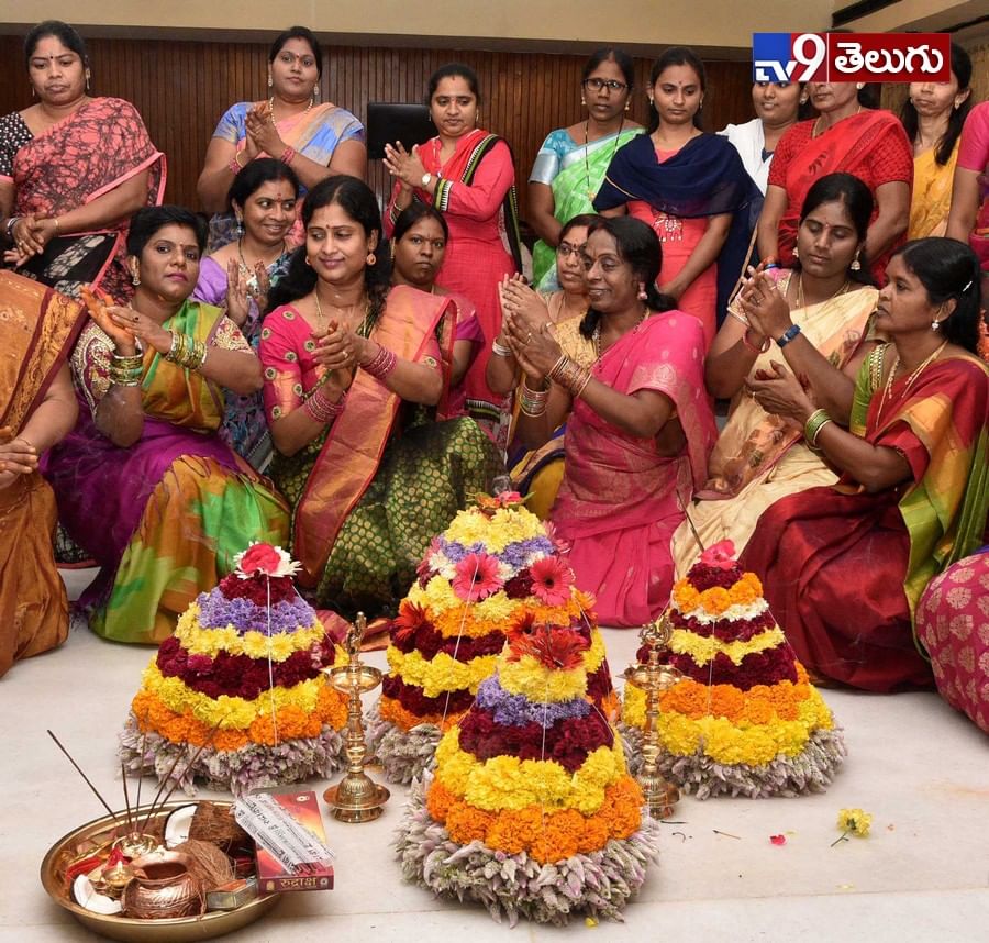 Assembly staff playing bathukamma celebration  inside the Assembly premises on Monday.