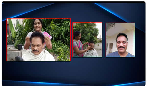 లాక్డౌన్ ఎఫెక్ట్ : మాజీ ఎంపీకి హెయిర్ కట్ చేసిన భార్య..