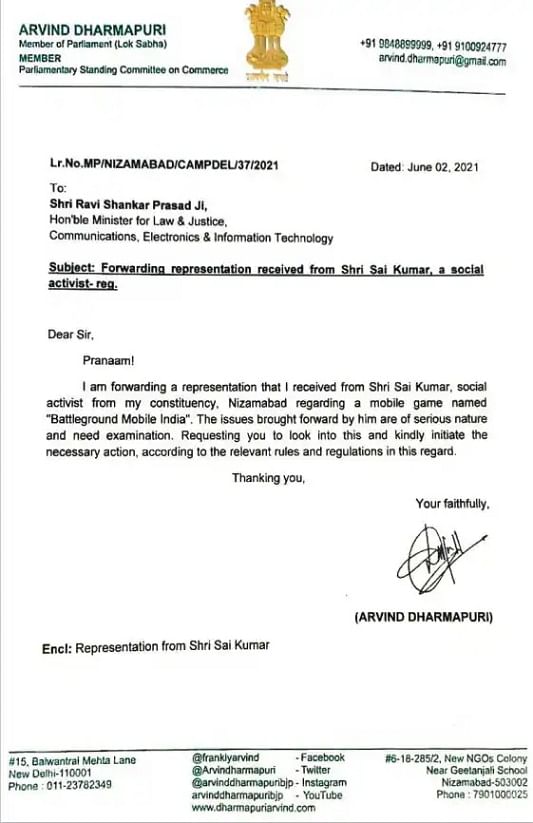 Bjp Mp Dharmapuri Arvind Letter