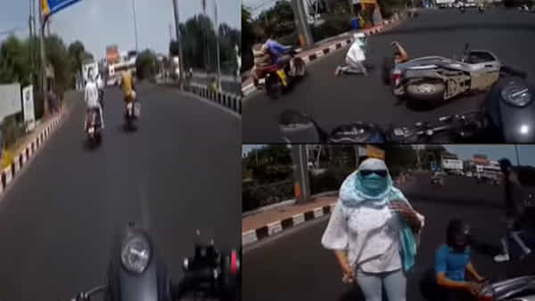 Viral Video: ఈ అమ్మాయి మహా ముదురు. తమకి తాముగా బైక్ మీద నుంచి పడి.. వెనుక వస్తున్న బైకర్పై తిట్ల దండకం..