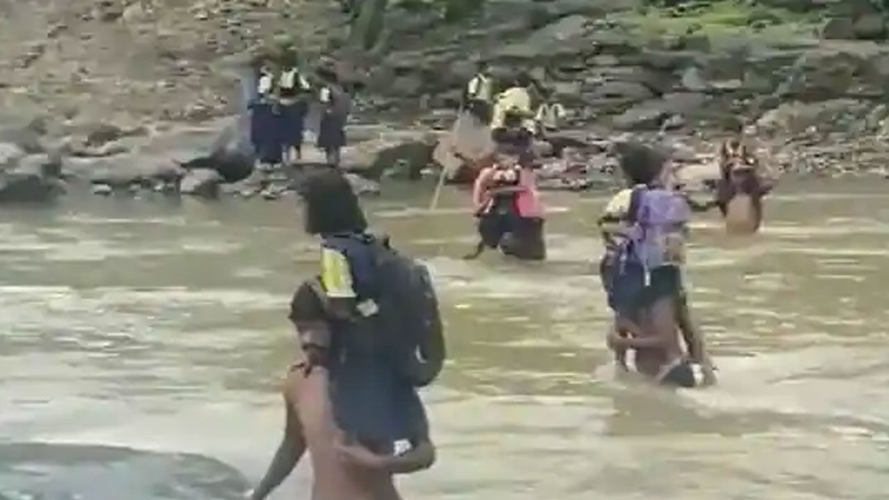 Viral Video:పిల్లల్ని భుజాలపై కూర్చోబెట్టి నది దాటుతున్న తల్లిదండ్రులు.. స్కూల్‌లో దించేందుకు పడరాని పాట్లు.. వంతెన నిర్మించాలంటూ విజ్ఞప్తి..
