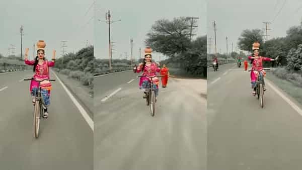 నవరాత్రి వేడుకల స్పెషల్.. సైకిల్ పై చేతులు వదిలేసి డ్యాన్స్.. తలపై కలశం కూడా.. చూసేందుకు రెండు కళ్లు చాలవంతే