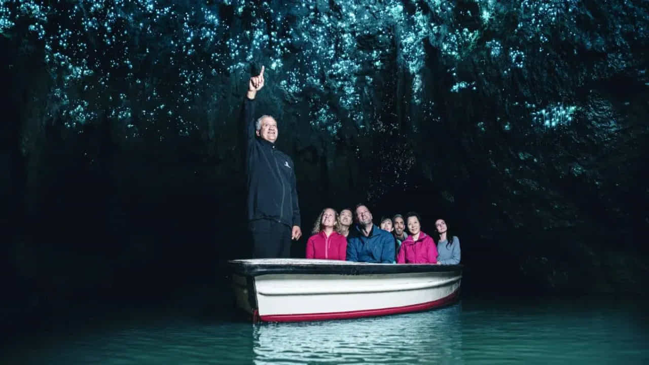Waitomo Glowworm Caves New - ఈ గుహల గోడలు బయోలుమినిసెంట్ గ్లోవార్మ్లతో కప్పబడి సహజ కాంతి ప్రదర్శనను సృష్టిస్తాయి.
