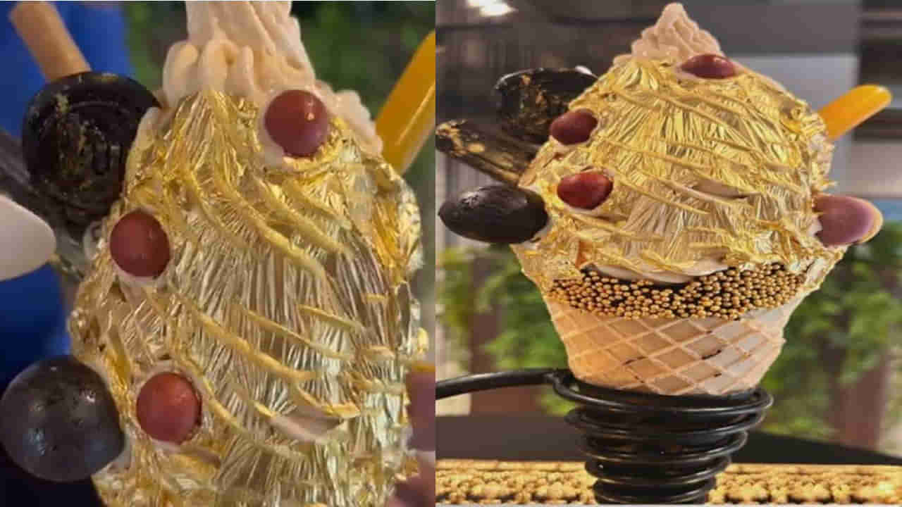 Golden Ice Cream: స్పెషల్ ఫ్లేవర్స్‌తో ‘బంగారపు ఐస్‌క్రీమ్’.. ధర తెలిస్తే నోరెళ్లబెట్టాల్సిందే.. వైరల్ వీడియో..