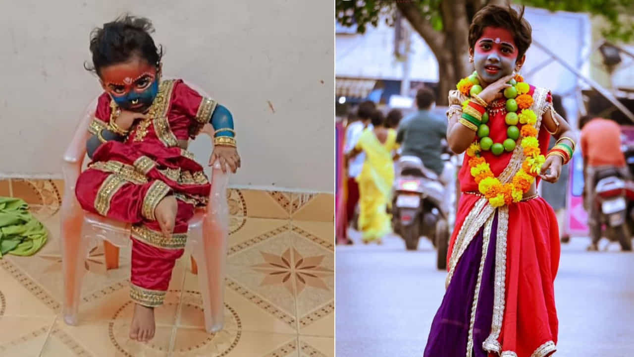 కాలు మీద కాలేసుకున్న చిన్నారి పుష్ప.. ఆ పక్కనే పుష్ప-శ్రీవల్లి అర్థనారీశ్వర రూపం..