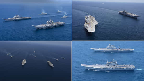 Indian Navy: సముద్రంలో భారత నేవీ విన్యాసాలు.. 2 వాహక నౌకలు, 35 యుద్ధ విమానాలతో సహా.. చూసేందుకు కళ్లు సరిపోవుగా..