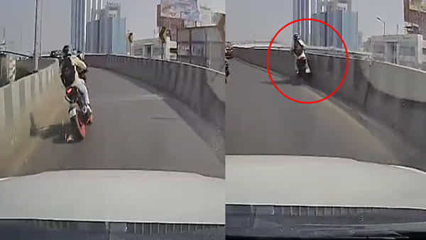 Viral video: సుడి బాగుండి బచాయించాడు కానీ.. ఫ్లై ఓవర్ గోడను ఢీకొట్టిన బైకర్. షాకింగ్ వీడియో..