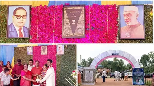 ఆదర్శ వివాహం..రాజ్యాంగం సాక్షిగా ఒక్కటైన జంట..! పెళ్లి మండపంలో అంబేద్కర్, నెహ్రూలు..