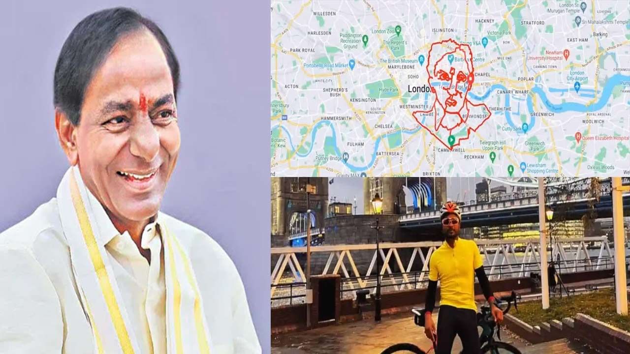 CM KCR face on London streets: ఎల్లలు దాటిన అభిమానం.. లండన్‌ వీధుల్లో సైకిల్‌ తొక్కి సీఎం కేసీఆర్‌ ముఖచిత్రం రూపకల్పన