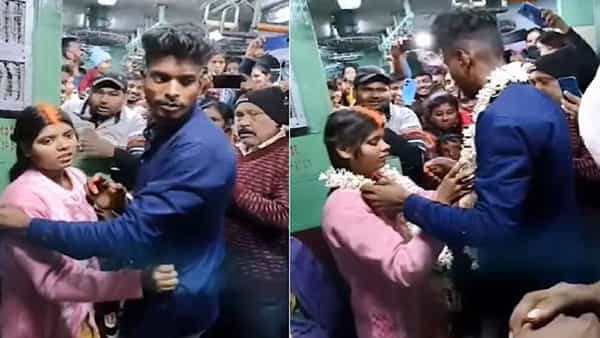 Watch Video: లోకల్ ట్రైన్లో ఒక్కటైన ప్రేమ జంట.. ప్రయాణీకుల సాక్షిగా దండలు మార్చుకుని.. వీడియో వైరల్..