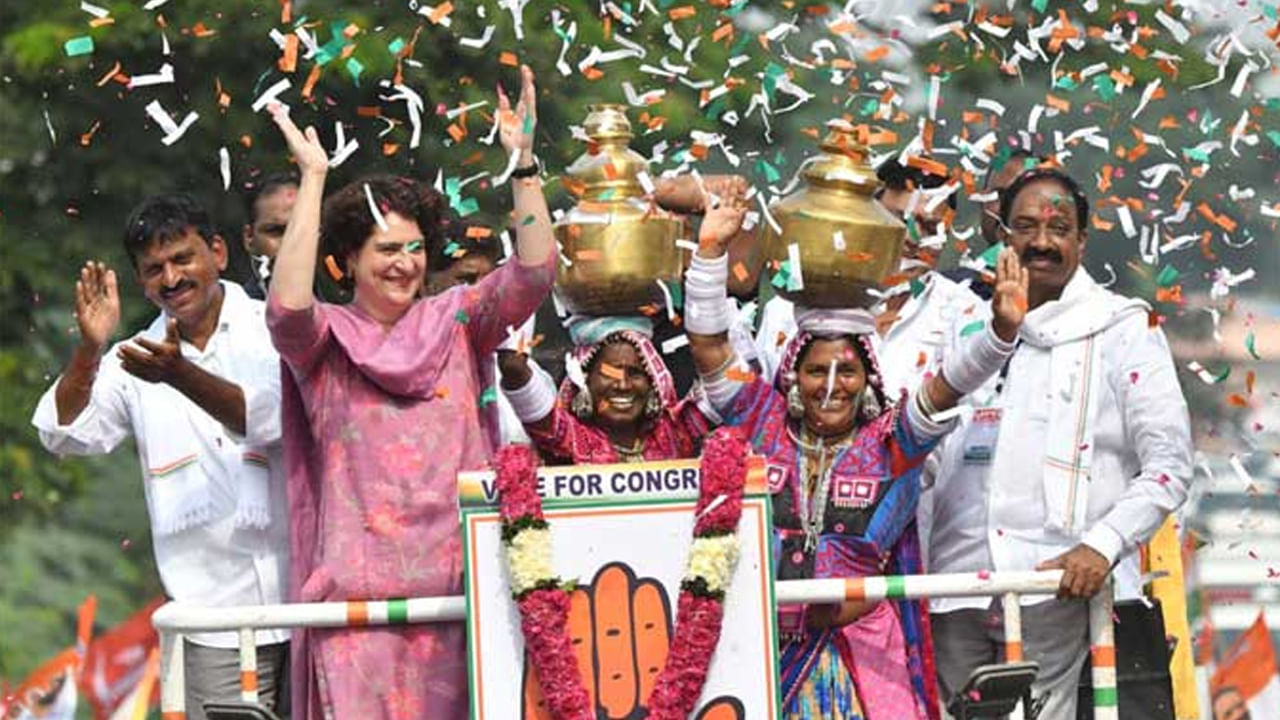 Congress leader Priyanka Gandhi participates in the Madhira road show