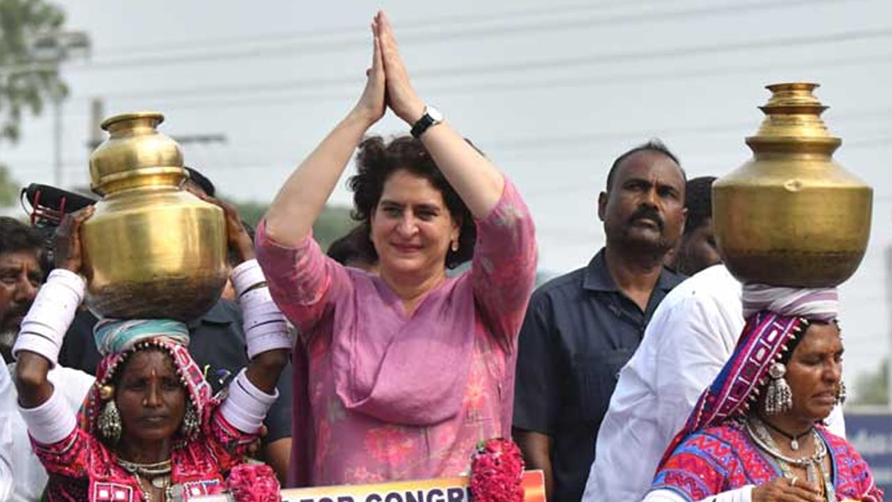 Congress leader Priyanka Gandhi participates in the Madhira road show