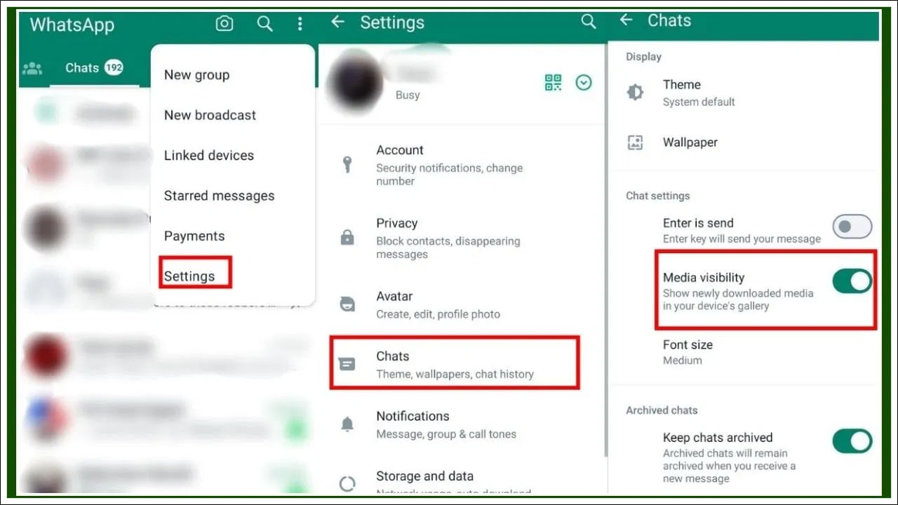 మీరు ఫోన్‌లో ఏ ఫోటో-వీడియోను సేవ్ చేయకూడదనుకుంటే ముందుగా WhatsAppను ఓపెన్‌ చేయండి. ఆపై కుడివైపు ఎగువన కనిపించే మూడు చుక్కలపై క్లిక్ చేసి, సెట్టింగ్‌లపై నొక్కండి. దీని తర్వాత చాట్స్‌పై క్లిక్ చేసి, మీడియా విజిబిలిటీ ఎంపికను ఆఫ్ చేయండి.