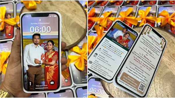 iPhone Wedding Card: వైజాగ్ జంట వెడ్డింగ్ కార్డు ఐడియా అదుర్స్.. అచ్చం ఐఫోన్ మాదిరుందే! వీడియో వైరల్