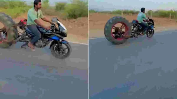 ఎలా వస్తాయిరా ఇలాంటి ఐడియాలు.. ట్రాక్టర్ చక్రాన్ని పల్సర్ బైక్కు అతికించి ఏం చేశాడో తెలిస్తే