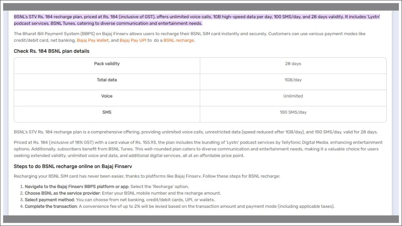 బీఎస్‌ఎన్‌ఎల్‌ రూ.184 ప్రీపెయిడ్ ప్లాన్ 28 రోజుల చెల్లుబాటును అందిస్తుంది. ఇది రోజుకు 1GB డేటాతో పాటు 100 SMS ప్రయోజనాలతో వస్తుంది. బీఎస్‌ఎన్‌ఎల్‌ ప్లాన్‌లో అపరిమిత వాయిస్ కాల్స్ కూడా అందుబాటులో ఉన్నాయి. అదనంగా మీరు ఉచిత Lystn పాడ్‌క్యాస్ట్ సభ్యత్వాన్ని పొందుతారు.