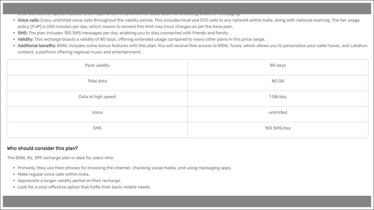 బీఎస్‌ఎన్‌ఎల్‌ రీఛార్జ్ ప్లాన్ 70 రోజుల చెల్లుబాటుతో రూ. 399కి అందుబాటులో ఉంది. ఈ ప్యాక్ హోమ్, నేషనల్ రోమింగ్‌లో అపరిమిత వాయిస్ కాల్‌లను అందిస్తుంది. ఇది ఉచిత బీఎస్‌ఎన్‌ఎల్‌ ట్యూన్‌లు, జానపద ట్యూన్‌ల కంటెంట్‌తో రోజుకు 100 SMSలను కూడా ప్యాక్ చేస్తుంది. ప్రీపెయిడ్ ప్లాన్ రోజుకు 1GB డేటాను కూడా అందిస్తుంది.