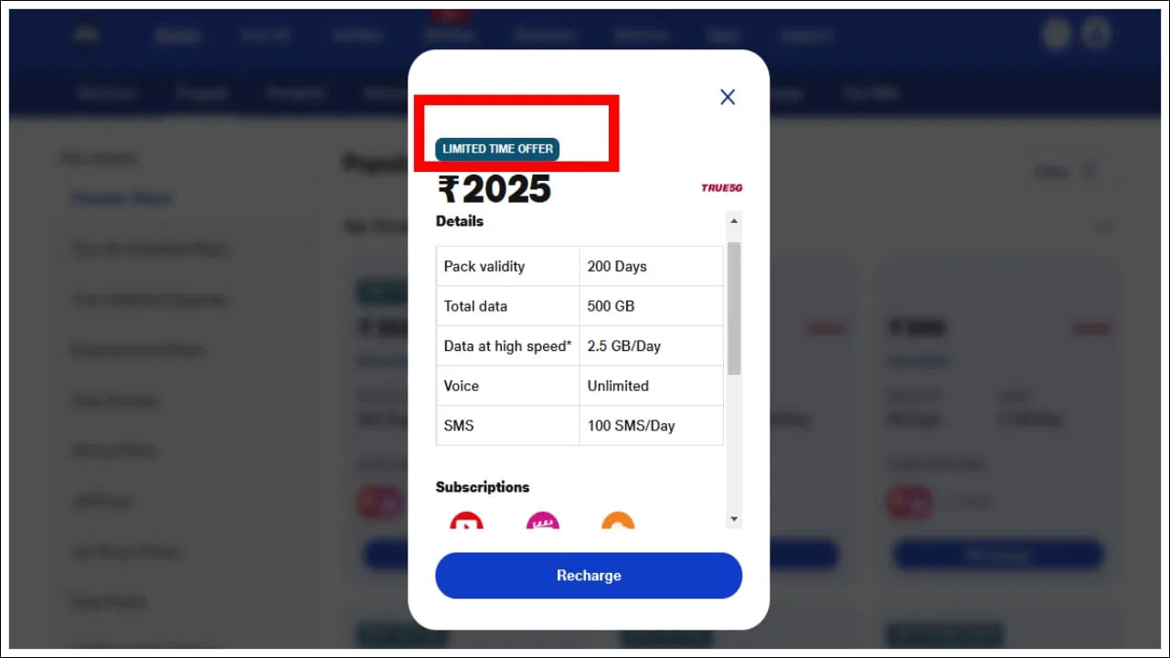 జియో 2025 ప్లాన్ వివరాలు: రిలయన్స్ జియో రూ.2025 ప్రీపెయిడ్ ప్లాన్తో కంపెనీ ప్రతిరోజూ 2.5 GB హై స్పీడ్ డేటా, లోకల్, ఎస్టీడీ నెట్వర్క్లలో అపరిమిత వాయిస్ కాలింగ్, ప్రతిరోజూ 100 SMSలను అందిస్తుంది. Reliance Jio ఈ రీఛార్జ్ ప్లాన్తో 200 రోజుల చెల్లుబాటును అందిస్తుంది. 2.5 GB హై స్పీడ్ డేటా ప్రకారం, ఈ ప్లాన్ మీకు మొత్తం 500 GB హై స్పీడ్ డేటా ప్రయోజనాన్ని అందిస్తుంది.