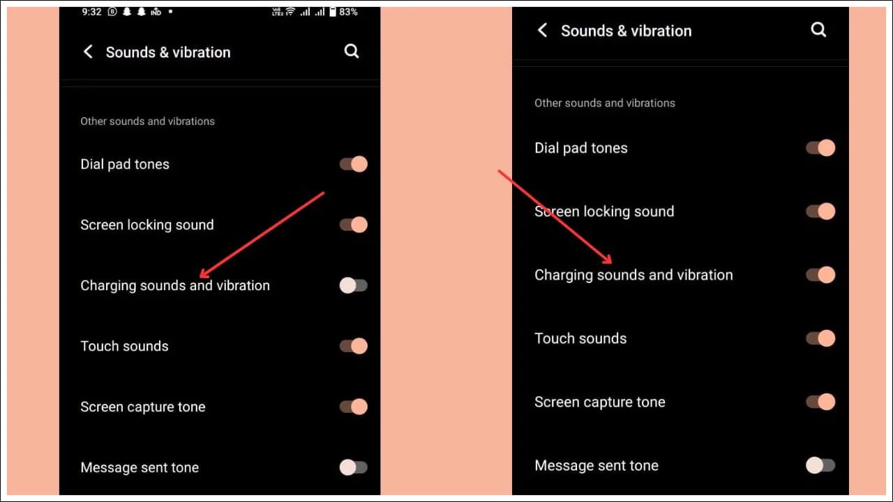ఇప్పుడు మీరు కిందకి వెళ్ళినప్పుడు, మీకు ఛార్జింగ్ సౌండ్, వైబ్రేషన్ అనే ఆప్షన్ కనిపిస్తుంది. ఇప్పుడు దాన్ని ఆన్ చేయండి. మీరు చేయాల్సిందల్లా మీరు మీ ఫోన్‌ను ఛార్జ్‌లో ఉంచినప్పుడు సౌండ్‌తో పాటు వైబ్రేషన్ కూడా వస్తుంది.