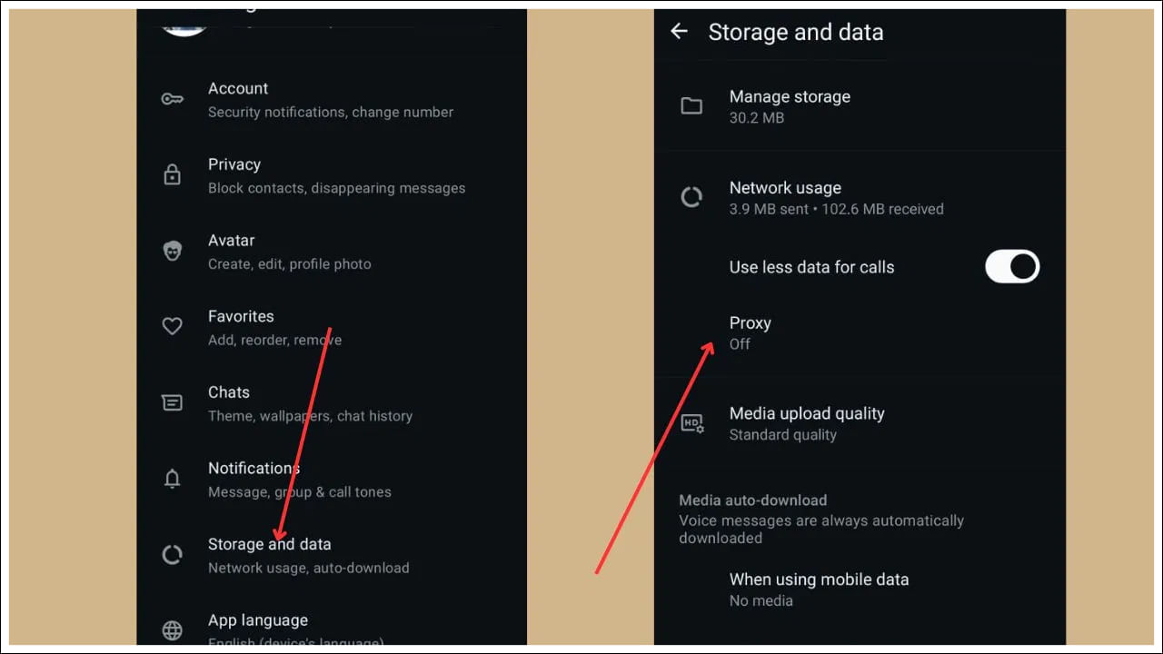 ప్రాక్సీ ఫీచర్ కోసం ముందుగా మీ స్మార్ట్ఫోన్లో ప్రాక్సీ ఫీచర్ను ఆన్ చేయాలి. మీ ఫోన్లో వాట్సాప్ తెరవండి. కుడి వైపున ఉన్న చుక్కపై క్లిక్ చేయండి. సెట్టింగ్లకు వెళ్లండి. ఇలా చేసిన తర్వాత, స్టోరేజ్, డేటాను ఎంచుకోండి. ఇక్కడ మీకు ప్రాక్సీ ఎంపిక కనిపిస్తుంది. ప్రాక్సీ చిరునామాను నమోదు చేసి సేవ్ చేయండి. ప్రాక్సీ చిరునామా సేవ్ చేసినప్పుడు ఆకుపచ్చ చుక్క కనిపిస్తుంది. ఇది మీ ప్రాక్సీ చిరునామా కనెక్ట్ చేయబడిందని చూపిస్తుంది.