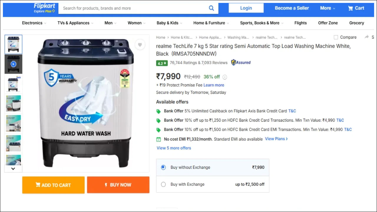 realme టాప్ లోడ్ వాషింగ్ మెషిన్: రియల్‌మీ కంపెనీకి చెందిన ఈ 7 కేజీల వాషింగ్ మెషీన్‌ను 36% తగ్గింపు తర్వాత ఫ్లిప్‌కార్ట్‌లో రూ.7,990కి విక్రయిస్తున్నారు. మీరు వాషింగ్ పై 2 సంవత్సరాల వారంటీ, మోటారుపై 5 సంవత్సరాల వారంటీ పొందుతారు. 5 స్టార్ రేటింగ్‌తో వచ్చే ఈ సెమీ ఆటోమేటిక్ వాషింగ్ మెషీన్ 4.2 రేటింగ్‌ను పొందింది.