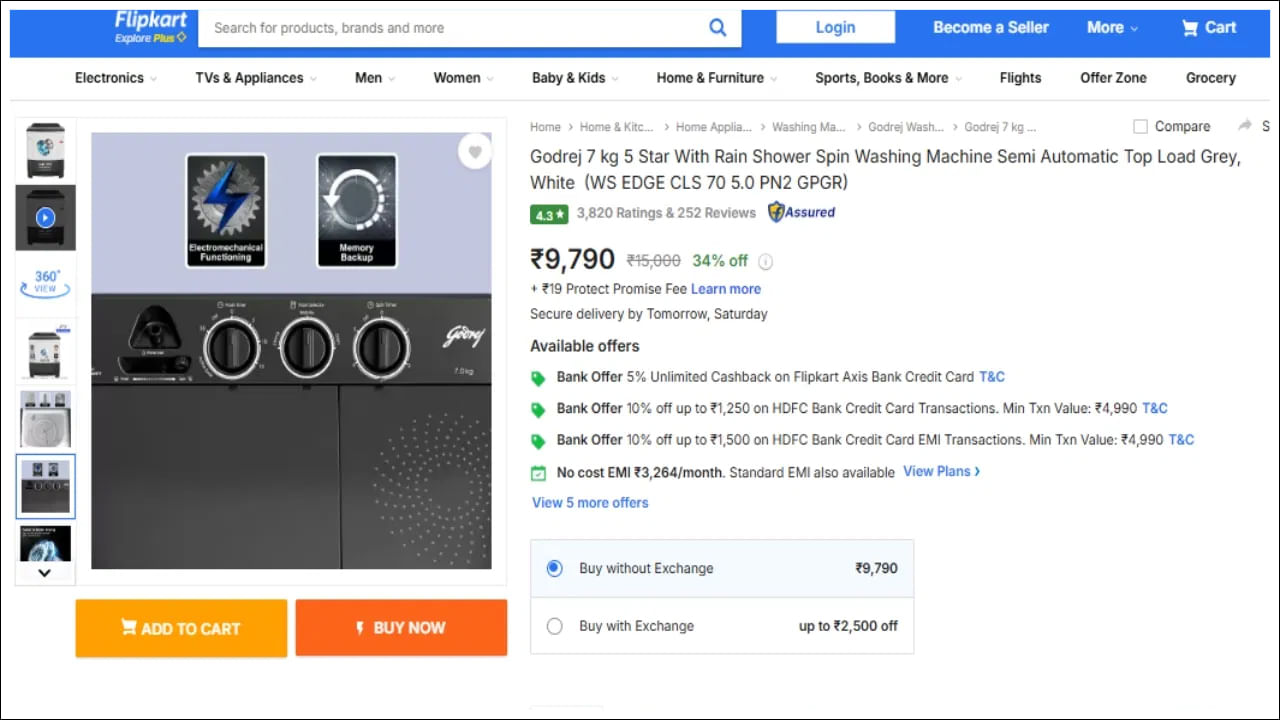 గోద్రేజ్ 7 కిలోల వాషింగ్ మెషిన్: ఫ్లిప్‌కార్ట్‌లో 4.3 రేటింగ్ ఉన్న ఈ వాషింగ్ మెషీన్ 34% భారీ తగ్గింపు తర్వాత మీకు రూ.9,790 కు అందుబాటులో ఉంటుంది. ఈ 5 స్టార్ రేటింగ్ కలిగిన వాషింగ్ మెషీన్ మోటారుపై 2 సంవత్సరాలు, 5 సంవత్సరాల వారంటీతో వస్తోంది. (నోట్‌- ఈ వార్తల్లో ఏ వాషింగ్ మెషీన్ ఉత్తమమో మేము ఎక్కడా చెప్పడం లేదు. ప్రజల రివ్యూలు, అభిప్రాయాలను చదివిన తర్వాత మీరు ఏ వాషింగ్ మెషీన్ కొనాలనుకుంటున్నారో మీరే నిర్ణయించుకోవాలి.)