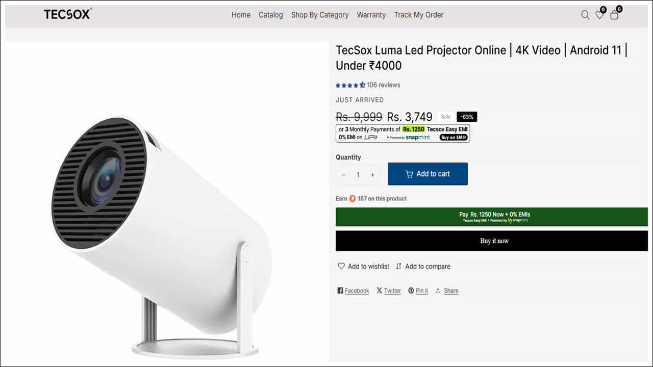 TecSox LUMA LED అసలు ధర 9,999 ఉండగా, ఆఫర్లోరూ. 3,749 లభిస్తుంది.అయితే TecSox వెబ్సైట్లు ఈ ధర ఉండగా, ఇతర ఆన్లైన్ సైట్లలో రూ.3,999 వరకు ఉంది. పెద్ద స్క్రీన్ స్మార్ట్ టీవీ కోసం లక్షల రూపాయలు ఖర్చు చేయలేని వారి కోసం ఈ ప్రొజెక్టర్ అనుకూలంగా ఉంటుంది. మీరు సినిమా హాలులో వినోదాన్ని ఆస్వాదించాలనుకుంటే ఇది మీకు ఉత్తమమైన ఎంపికగా ఉంటుంది.