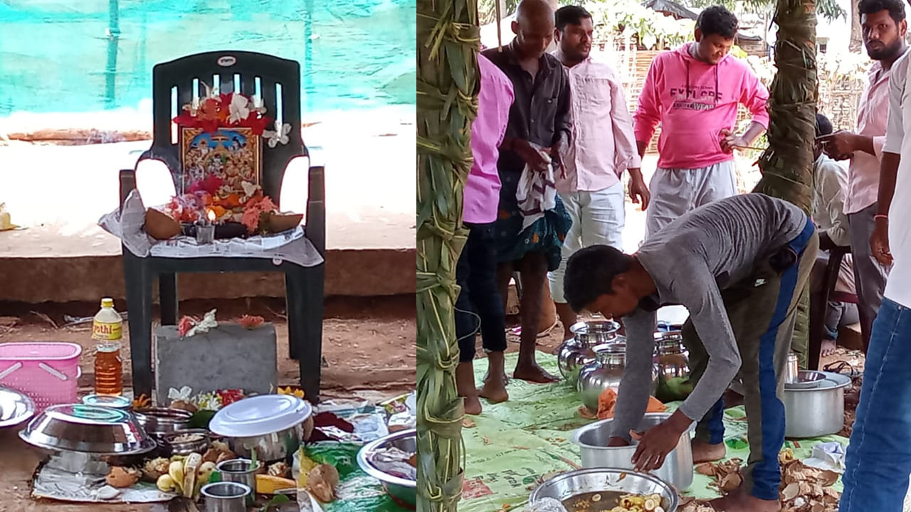 తొలినాళ్ళలో గ్రామంలో రామాలయం లేకపోవడంతో తమ పూర్వీకులు అడవిలో నుంచి మానులను తీసుకువచ్చి కొయ్య బొమ్మలతో దేవతా మూర్తులుగా మలిచి రాముల వారి కళ్యాణం జరిపించే వారిని, అదే ఆనవాయితీ నేటి వరకు కొనసాగుతూ వచ్చిందని పలువురు గిరిజన పెద్దలు పేర్కొంటున్నారు. కాని ఈ ఏడాది తరతరాల ఆనవా యితి ని మార్చి సీతా రాముల కల్యాణం చేసారు. అడవిలో అనువైన చెట్లు దొరకక పోవటంతో చిత్ర పటాన్ని వుంచి  సీతారాముల కల్యాణం చేసారు. మంచిగా చలువ పందిరి వేసి భక్తీ శ్రద్దలతో ఈ కార్యక్రమాన్ని నిర్వహించారు. 