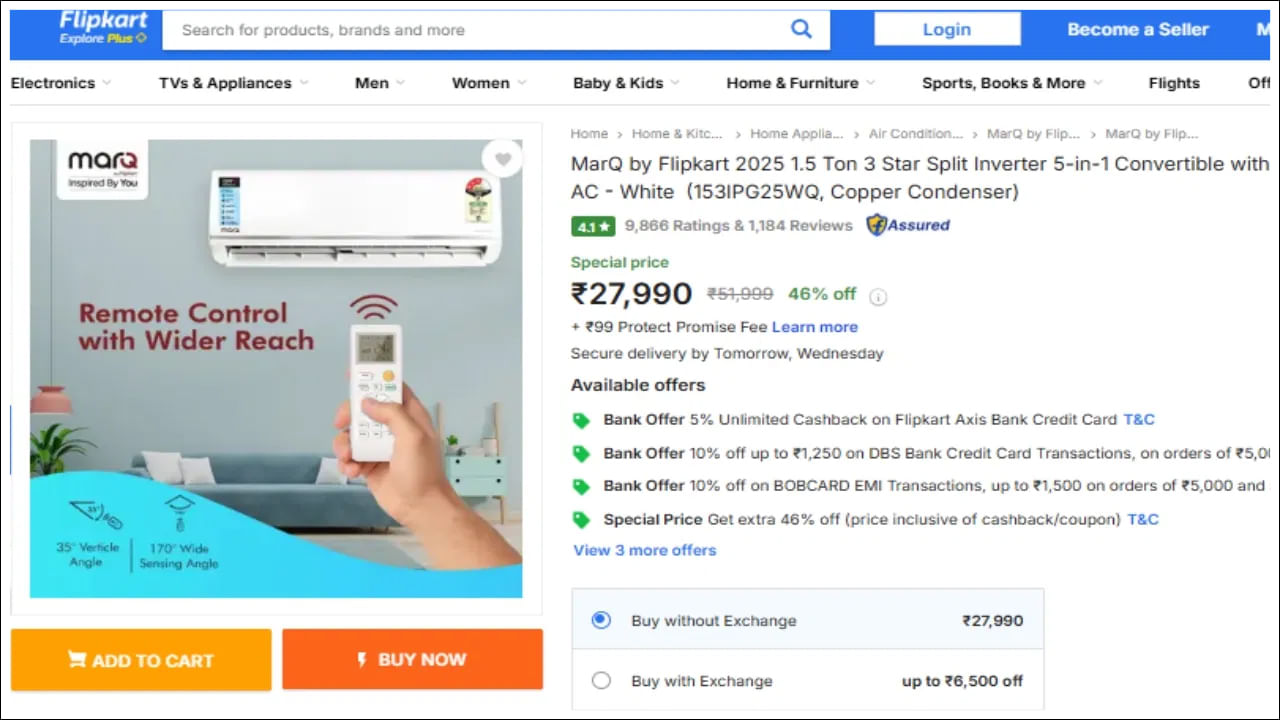 30000 లోపు స్ప్లిట్ AC: ఫ్లిప్‌కార్ట్ కంపెనీ ఎలక్ట్రానిక్ బ్రాండ్ మార్క్యూ 1.5 టన్ను 3 స్టార్ AC 46 శాతం తగ్గింపు తర్వాత రూ.27,990కు అమ్ముడవుతోంది. ఈ ACతో మీరు ఒక సంవత్సరం ప్రోడక్ట్‌, 10 సంవత్సరాల కంప్రెసర్ వారంటీ ప్రయోజనాన్ని పొందుతారు.