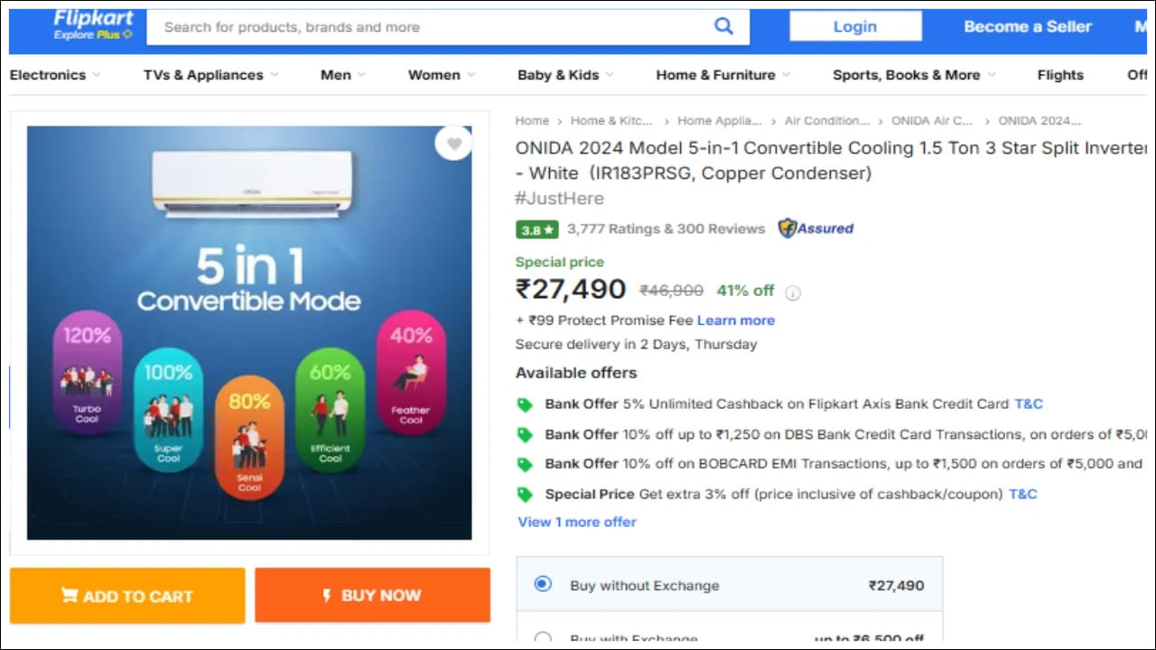 ఒనిడా కంపెనీ వారి 3 స్టార్ రేటింగ్ కలిగిన 1.5 టన్ను AC ని 41% తగ్గింపు తర్వాత రూ.27,490 కి కొనుగోలు చేయవచ్చు. ఇక్కడ గమనించదగ్గ విషయం ఏమిటంటే ఈ ఏసీ కంప్రెసర్‌పై కంపెనీ 10 సంవత్సరాలకు బదులుగా 5 సంవత్సరాల వారంటీని మాత్రమే ఇస్తోంది.