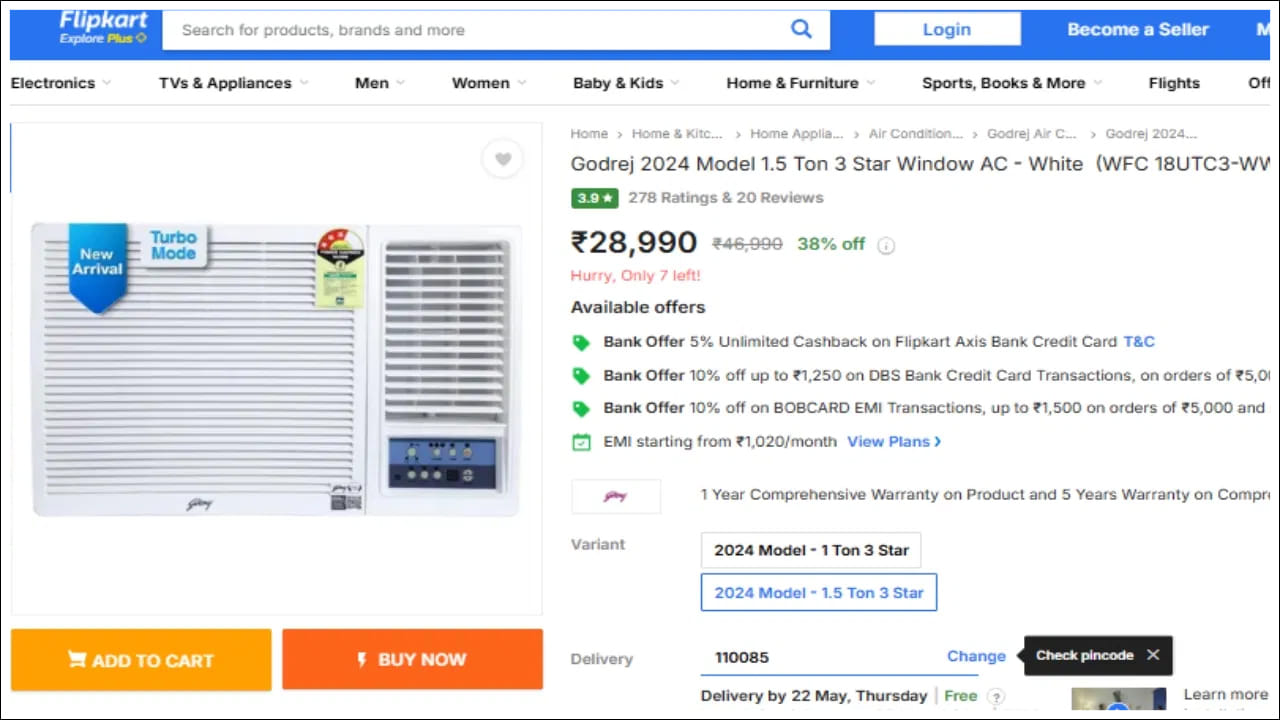 30000 లోపు విండో AC: గోద్రేజ్ కంపెనీకి చెందిన 1.5 టన్ను 3 స్టార్ విండో ఏసీ ఫ్లిప్‌కార్ట్‌లో 38 శాతం తగ్గింపు తర్వాత రూ.28,990కి లభిస్తుంది. ఈ ACతో కూడా కంప్రెసర్‌పై 5 సంవత్సరాల వారంటీ మాత్రమే అందిస్తుంది.