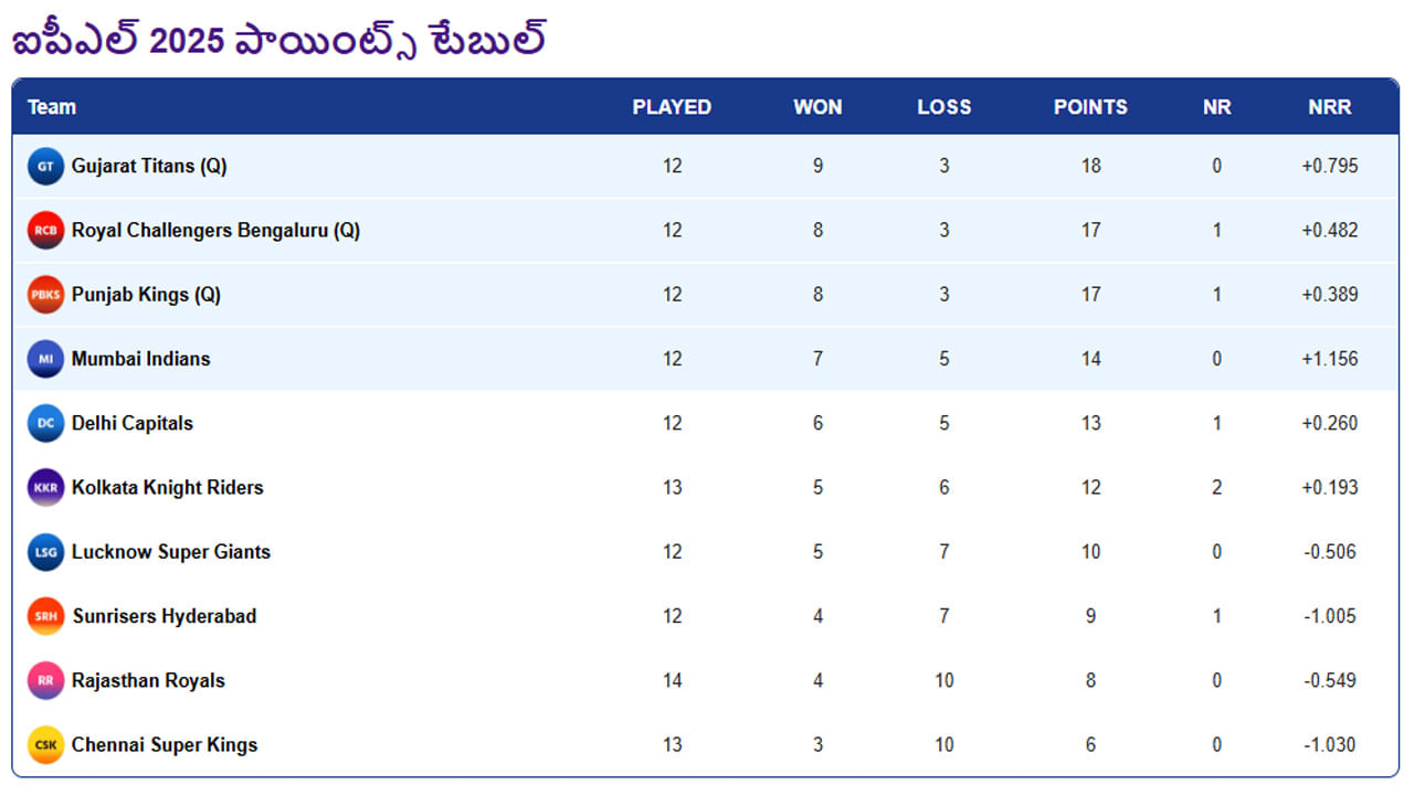 Ipl 2025 Points Table