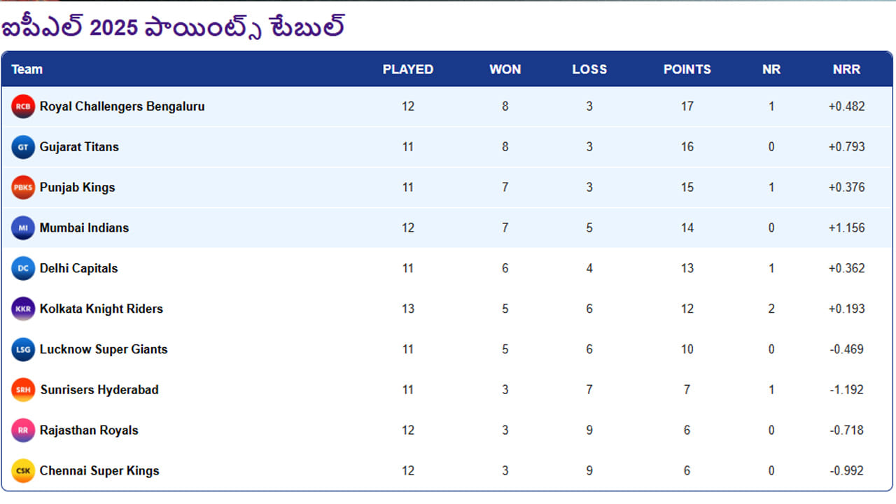 Ipl 2025 Points Table