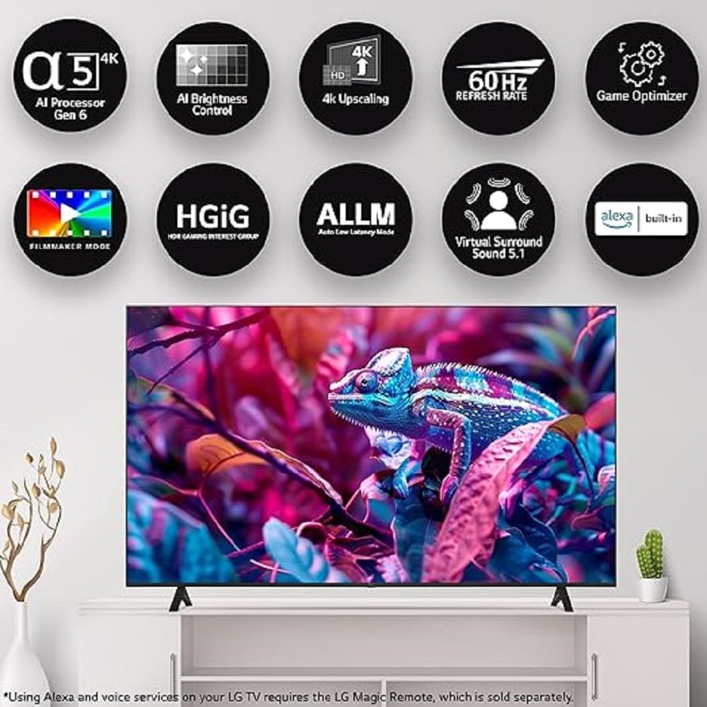 ఎల్ జీ బ్రాండ్ టీవీలు ఎక్కువ కాలం మన్నుతాయని, లేటెస్ట్ టెక్నాలజీతో అందుబాటులోకి వస్తాయని ప్రజల విశ్వాసం. దానికి అనుగుణంగానే ఈ బ్రాండ్ నుంచి నాణ్యమైన టీవీలు విడులవుతున్నాయి. ఈ ఎల్ జీ 55 అంగుళాల 4కే అల్ట్రా హెచ్ డీ స్మార్ట్ ఎల్ఈడీ టీవీలో విజువల్స్ చాలా స్పష్టంగా కనిపిస్తాయి. ఏ5 ఏఐ ప్రాసెసర్ 4కే జెన్6 తో పనిచేసే ఈ టీవీలో ఏఐ బ్రైట్ సెస్ కంట్రోల్ వంటి స్మార్ట్ ఫీచర్లున్నాయి. వర్చువల్ 5.1 అప్ మిక్స్ ఏఐ సౌండ్, స్ట్రీమింగ్ యాప్ లు, గేమింగ్ కు మద్దతు, 3 హెచ్ డీఎంఐ పోర్టులు, 2 యూఎస్ బీ పోర్టులు, బ్లూటూత్ 5.0 తదితర ప్రత్యేకతలు ఉన్నాయి. ఈ టీవీని అమెజాన్ లో రూ.43,990కి కొనుగోలు చేసుకోవచ్చు.