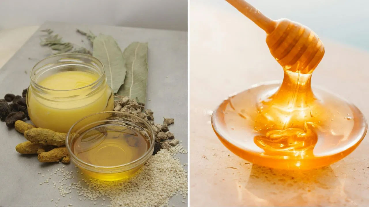 తేనెను నెయ్యితో కూడా కలిపి తినకూడదు. నెయ్యి ...  తేనెను సమాన పరిమాణంలో కలిపి తింటే అది శరీరానికి విషపూరితం కావచ్చు. ఇది శరీరంలో టాక్సిన్ ఏర్పడటానికి.. అసమతుల్యతకు దారితీస్తుంది. అటువంటి పరిస్థితిలో ఈ విరుద్ధమైన ఆహారాలను తీసుకోవద్దు. 