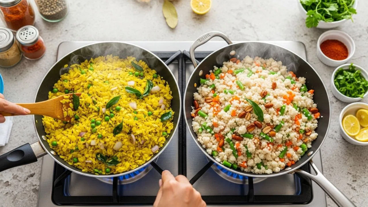 పావు VS ఉప్మా ఏది బెస్ట్: పోహా, ఉప్మా రెండూ వాటి ఆరోగ్యకరమైనవే. ఈ రెండింటిలో దేని ప్రయోజనాలు దానికి ఉన్నాయి. ఉదాహరణకు, బరువు తగ్గాలనుకున్న వ్యక్తులకు పోహా మంచి ఎంపిక. ఎందుకంటే ఇందులో కేలరీలు తక్కువగా ఉంటాయి. జీర్ణక్రియను మెరుగుపరచడానికి, రోజంతా శక్తివంతంగా ఉండటానికి ఇది సహాయ పడుతుంది. ఇక ఉప్మాలో ప్రోటీన్, కార్బోహైడ్రేట్లు, విటమిన్ల పుష్కలంగా ఉంటాయి. కాబట్టి మీ అవసరాలను బట్టి మీకు ఏది ఉత్తమమో అనేది నిర్ణయించుకోండి.