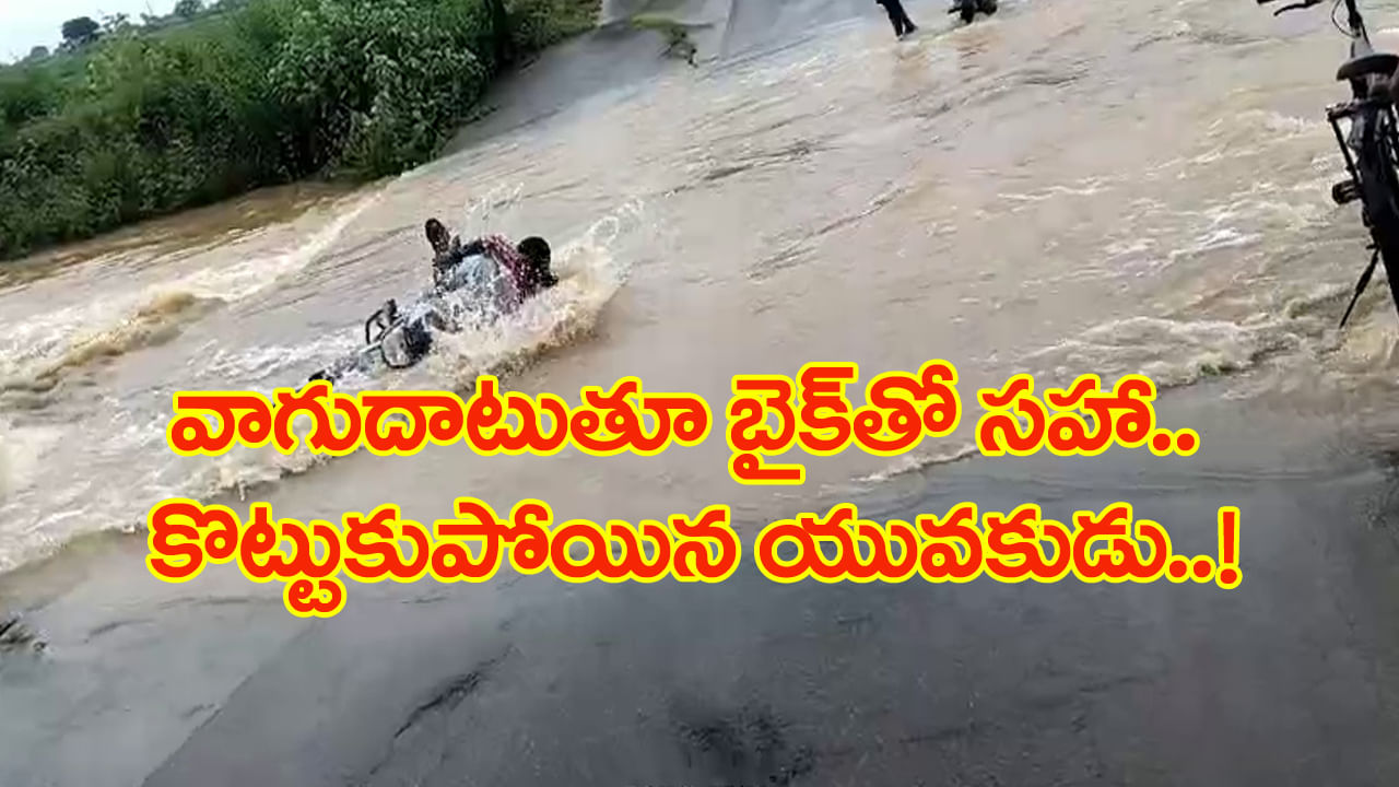 Watch: వాగు దాటుతూ.. బైక్‌తో సహా కొట్టుకుపోయిన యువకుడు..