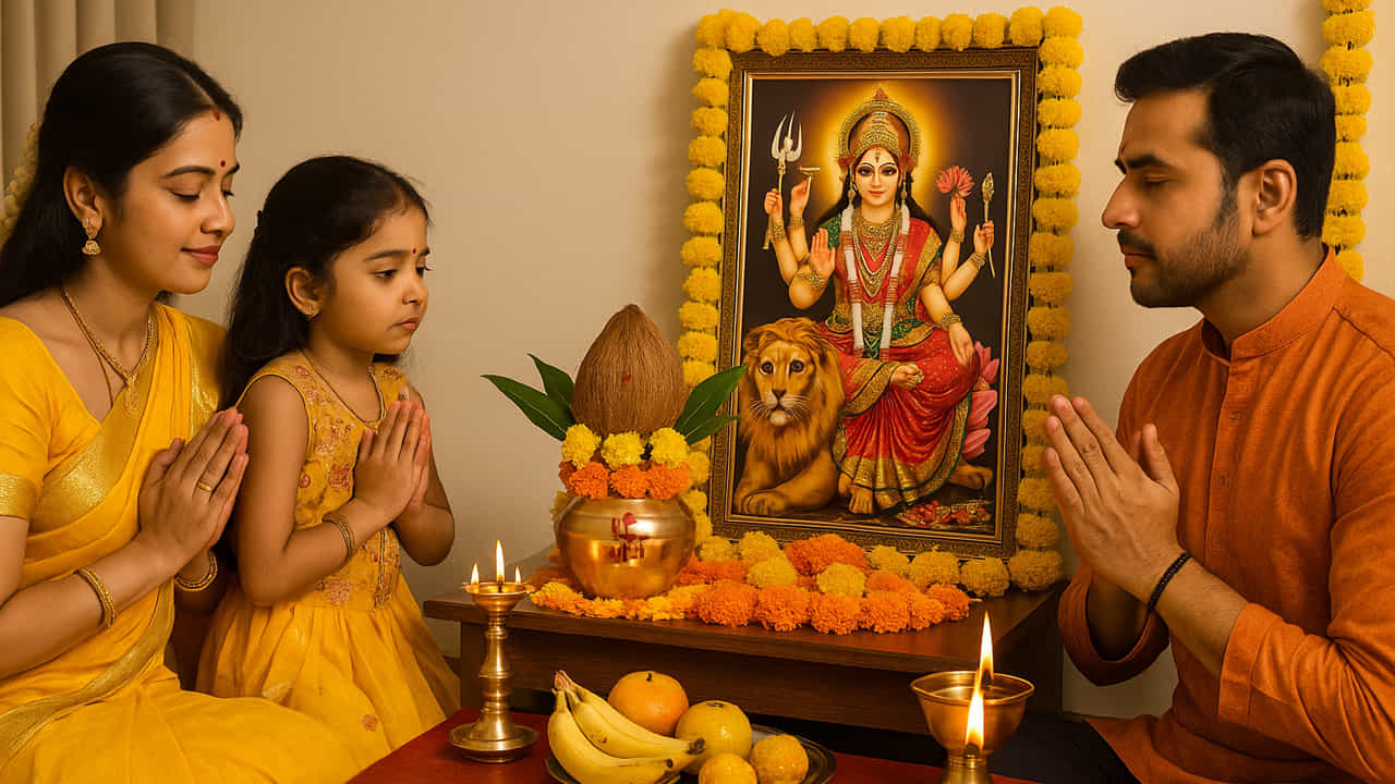 ఇంట్లో పూజ గది - నవరాత్రిలో మొదటి దీపాన్ని ఇంటిలో పూజ గదిలో లేదా పూజ ప్రాంతంలో వెలిగించాలి. ఈ దీపం తొమ్మిది రోజుల పాటు నిరంతరం వెలుతూ ఉండాలి. దీనిని అఖండ జ్యోతి అని కూడా పిలుస్తారు. ఈ దీపం ఇంట్లో సానుకూల శక్తిని తెస్తుంది. అన్ని కష్టాలను తొలగిస్తుంది. మీరు అఖండ జ్యోతిని వెలిగించలేకపోతే.. ఉదయం , సాయంత్రం నెయ్యితో లేదా నూనెతో దీపాన్ని ఖచ్చితంగా వెలిగించండి.