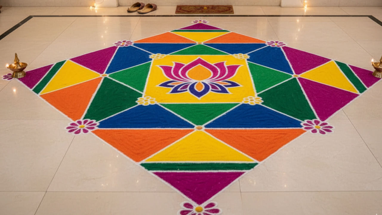 ఈ దీపావళికి ముగ్గుని రేఖా గణితం ఆధరంగా కూడా అందంగా వేసుకోవచ్చు. అర్ధ చంద్రాకారం, త్రిభుజాలు, చతురస్రాలు వంటి  రేఖాగణిత చిత్రాలను అందంగా పేర్చి ముగ్గుని వేయండి. వాటిని అందమైన రంగులతో నింపండి. సరళమైన గీతలను తెల్లటి ముగ్గుతో, లేదా బియ్యం పిండితో వేయడంతో చూసేందుకు ముగ్గు చాలా బాగుంటుంది. అంతేకాదు ఈ ముగ్గులో దీపాలను వెలిగితే ఇంటికి మరింత అందం వస్తుంది. 
