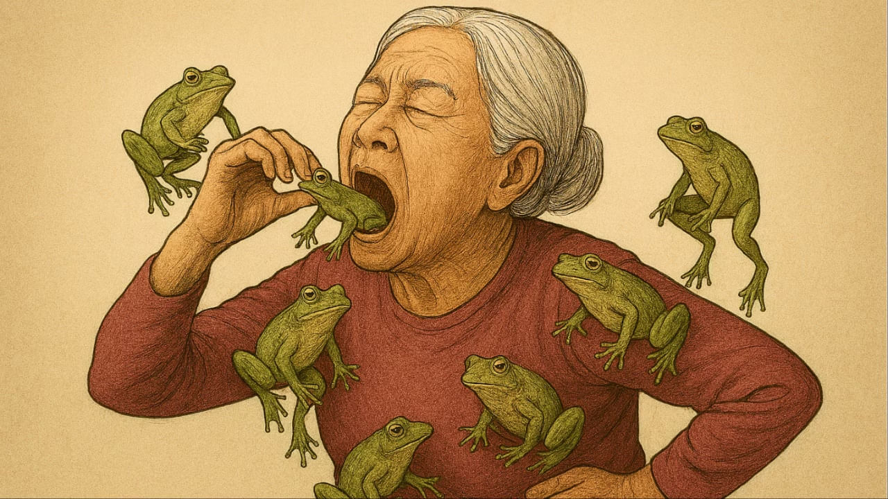 ఛీ..యాక్! 8 బతికున్న కప్పలను అమాంతం మింగేసిన మహిళ.. ఆ తర్వాత సీన్ ఇదే