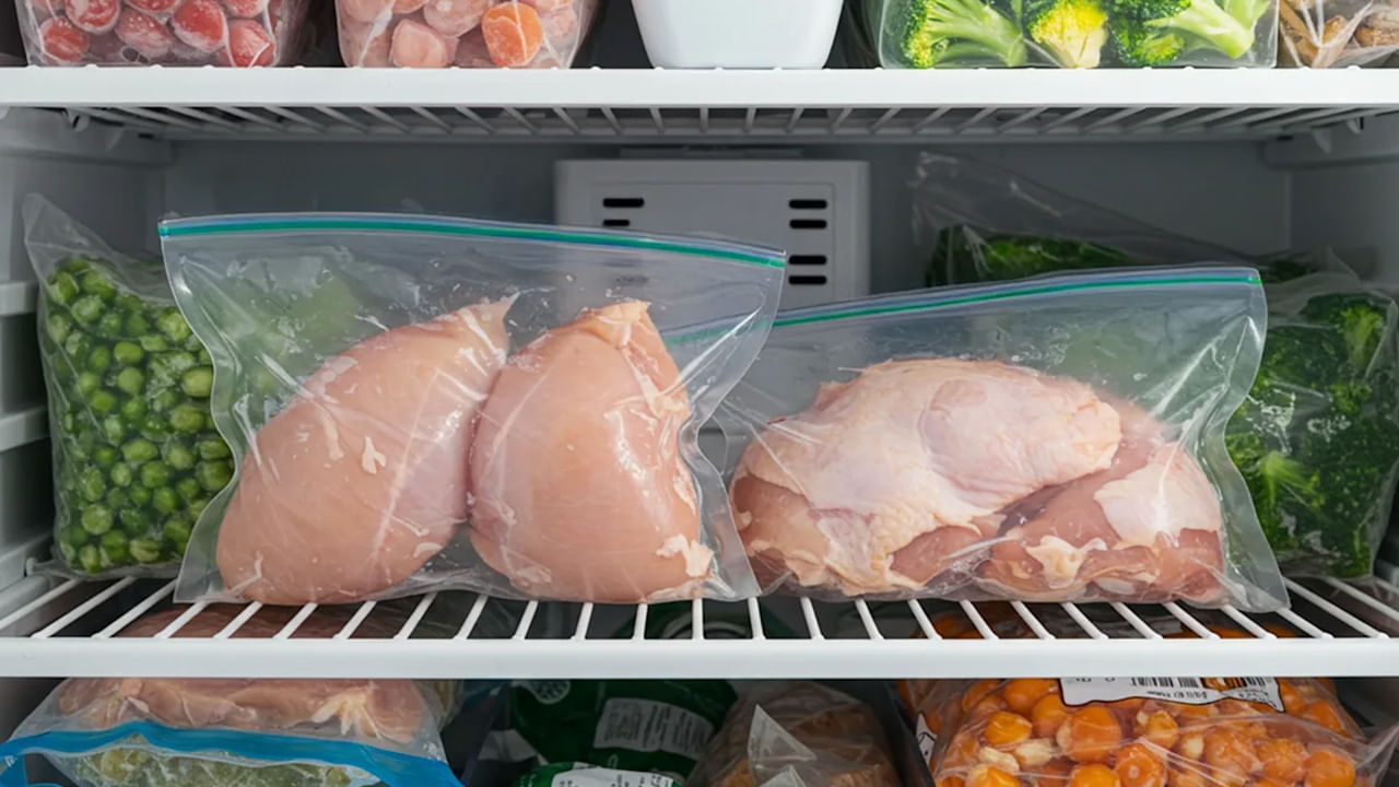 పదే పదే ఫ్రీజింగ్: ఒకసారి డీప్ ఫ్రీజర్ నుండి తీసి పూర్తిగా ఉడికించిన చికెన్ను మళ్లీ ఫ్రీజర్లో పెట్టడం అత్యంత ప్రమాదకరం. ఇది బ్యాక్టీరియా వృద్ధిని పెంచి తీవ్రమైన ఇన్ఫెక్షన్లకు దారితీస్తుంది. చికెన్ను ఎప్పుడూ గాలి చొరబడని పెట్టెలో గట్టిగా ప్యాక్ చేసి ఉంచాలి.