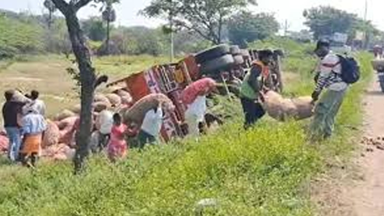 యూటర్న్ తీసుకుంటున్న స్కూల్ బస్సును ఉల్లిపాయల లోడ్‌తో వెళ్తున్న లారీ వెనుక నుంచి ఢీ కొట్టడంతో బస్సులోని ముగ్గురు విద్యార్థులకు స్వల్ప గాయాలయ్యాయి. ఇంతలో ఉల్లిపాయల లారీ అదుపుతప్పి బోల్తా పడింది. దీంతో అటుగా వెళుతున్న జనాలు ఉల్లిపాయల బస్తాల కోసం ఎగబడి, అందినకాడికి తీసుకెళ్లారు. కాపాడాలంటూ లారీ డ్రైవర్, క్లీనర్ చేస్తున్న ఆర్తనాదాలను కనీసం పట్టించుకోకుండా దారుణంగా ప్రవర్తించారు.  సమాచారం అందుకున్న పోలీసులు ఘటనా స్థలానికి చేరుకుని గాయాలైన వారిని ఆసుపత్రికి తరలించారు.