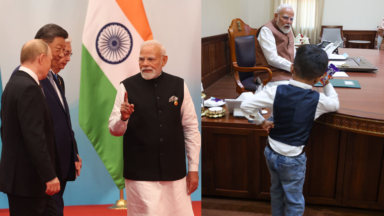 చైనాలోని టియాంజిన్‌లో జరిగిన SCO సమ్మిట్ 2025లో ప్రధాని మోదీ, చైనా అధ్యక్షుడు జీ జిన్‌పింగ్, రష్యా అధ్యక్షుడు పుతిన్. ప్రధానమంత్రి మోదీ ఒక పిల్లవాడితో సరదాగా గడిపిన క్షణం, ఆ దృశ్యం చాలా ఆనందంగా ఉంది.

