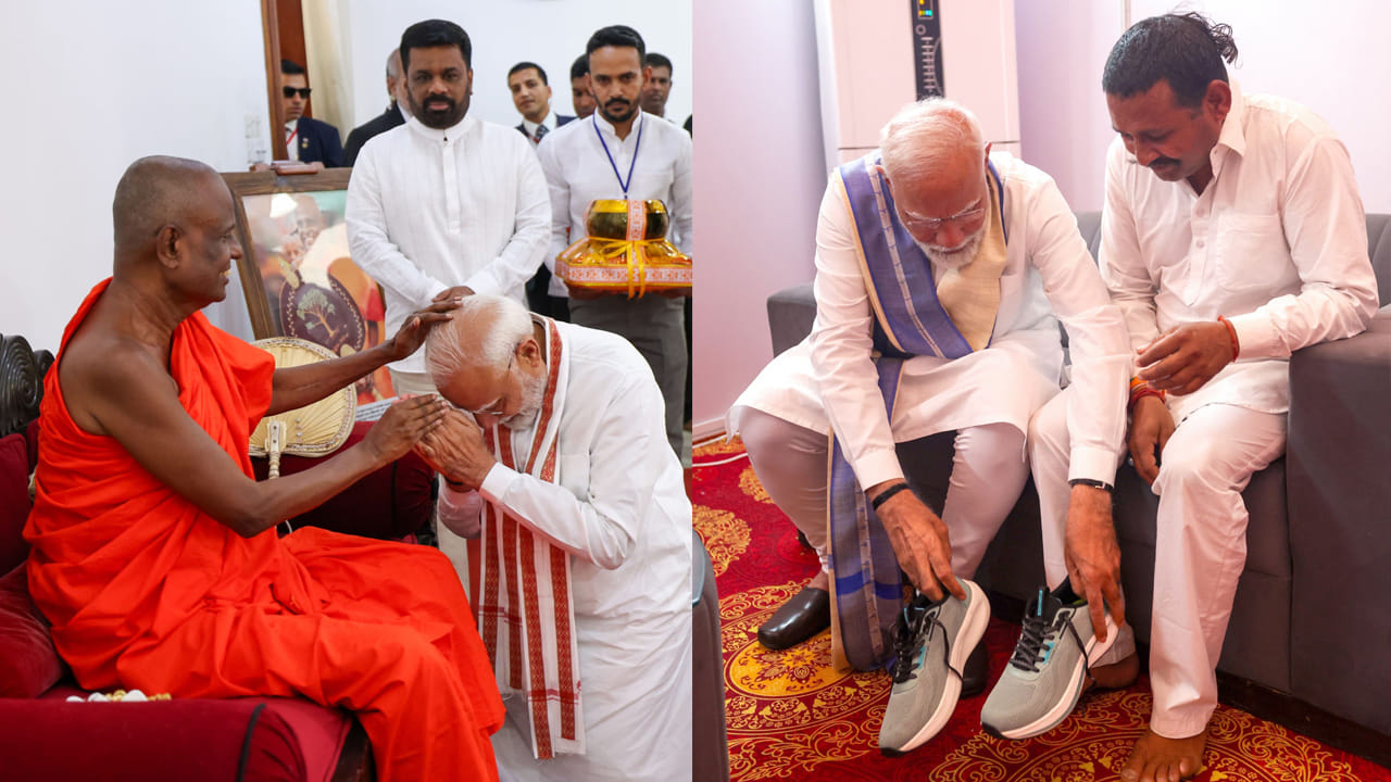 శ్రీలంకలోని అనురాధపురలో అనురాధపుర అటమస్థానా అధిపతి పల్లెగామ హేమరాథనా థెర నుండి ఆశీస్సులు కోరిన ప్రధాని మోదీ.  14 సంవత్సరాల క్రితం, ప్రధానమంత్రి మోడీ ప్రధానమంత్రి అయ్యే వరకు పాదరక్షలు వాడనని ప్రతిజ్ఞ చేసిన హర్యానాలోని రాంపాల్ కశ్యప్ కు ప్రధాని మోదీ ఒక జత బూట్లు ఇచ్చారు.



