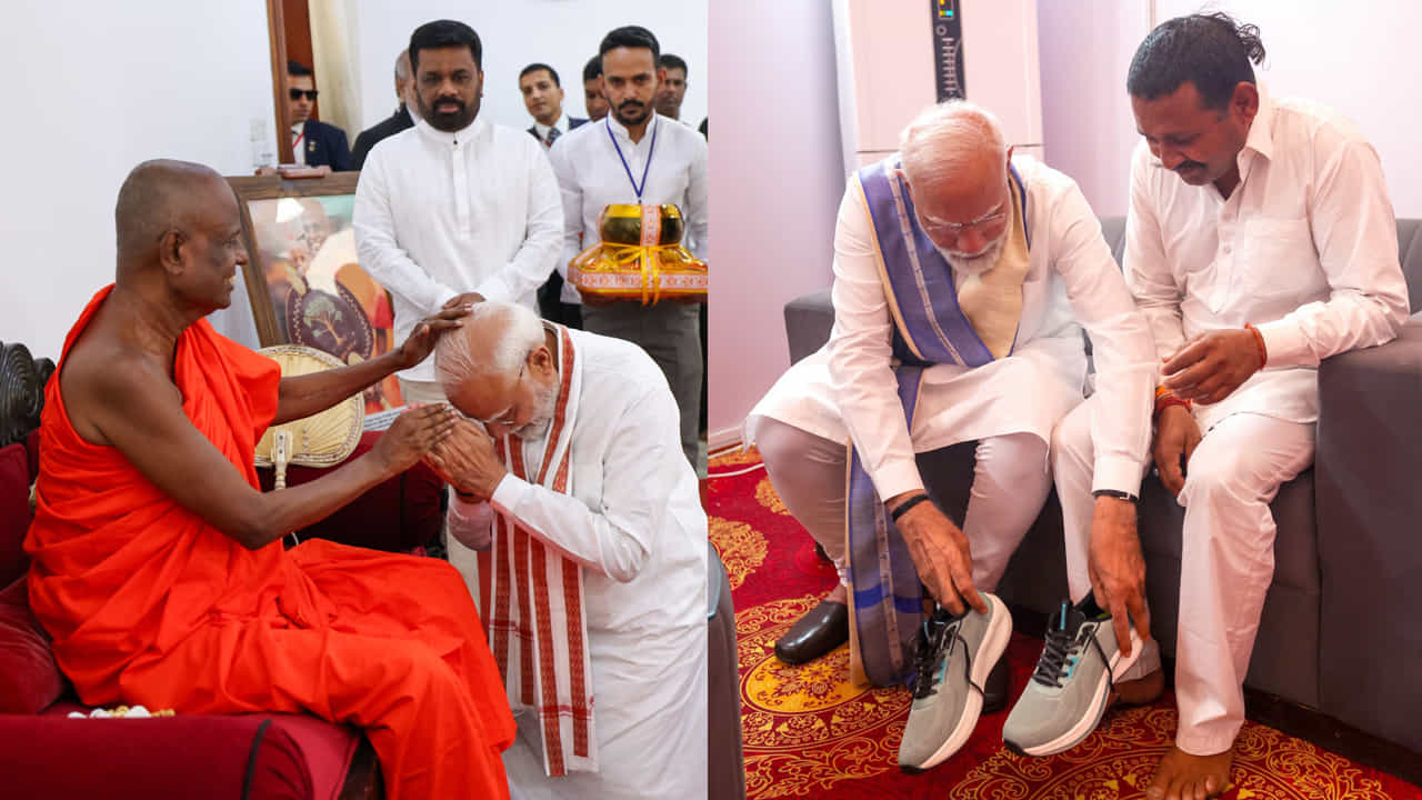 శ్రీలంకలోని అనురాధపురలో అనురాధపుర అటమస్థానా అధిపతి పల్లెగామ హేమరాథనా థెర నుండి ఆశీస్సులు కోరిన ప్రధాని మోదీ.  14 సంవత్సరాల క్రితం, ప్రధానమంత్రి మోడీ ప్రధానమంత్రి అయ్యే వరకు పాదరక్షలు వాడనని ప్రతిజ్ఞ చేసిన హర్యానాలోని రాంపాల్ కశ్యప్ కు ప్రధాని మోదీ ఒక జత బూట్లు ఇచ్చారు.



