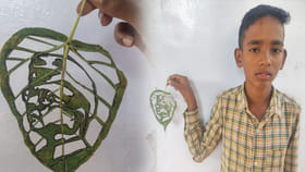 8వ తరగతి బాలుడి అద్భుతం.. రావి ఆకుపై సుభాష్ చంద్రబోస్ చిత్రం