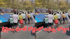శ్రీశైలం ఘాట్ రోడ్‌లో ప్రమాదం.. గుంతలోకి ఒరిగిన బస్సు..