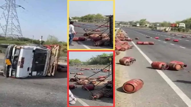 హైవేపై గ్యాస్‌ సిలిండర్ల లారీ బోల్తా.. ఇంతలోనే!