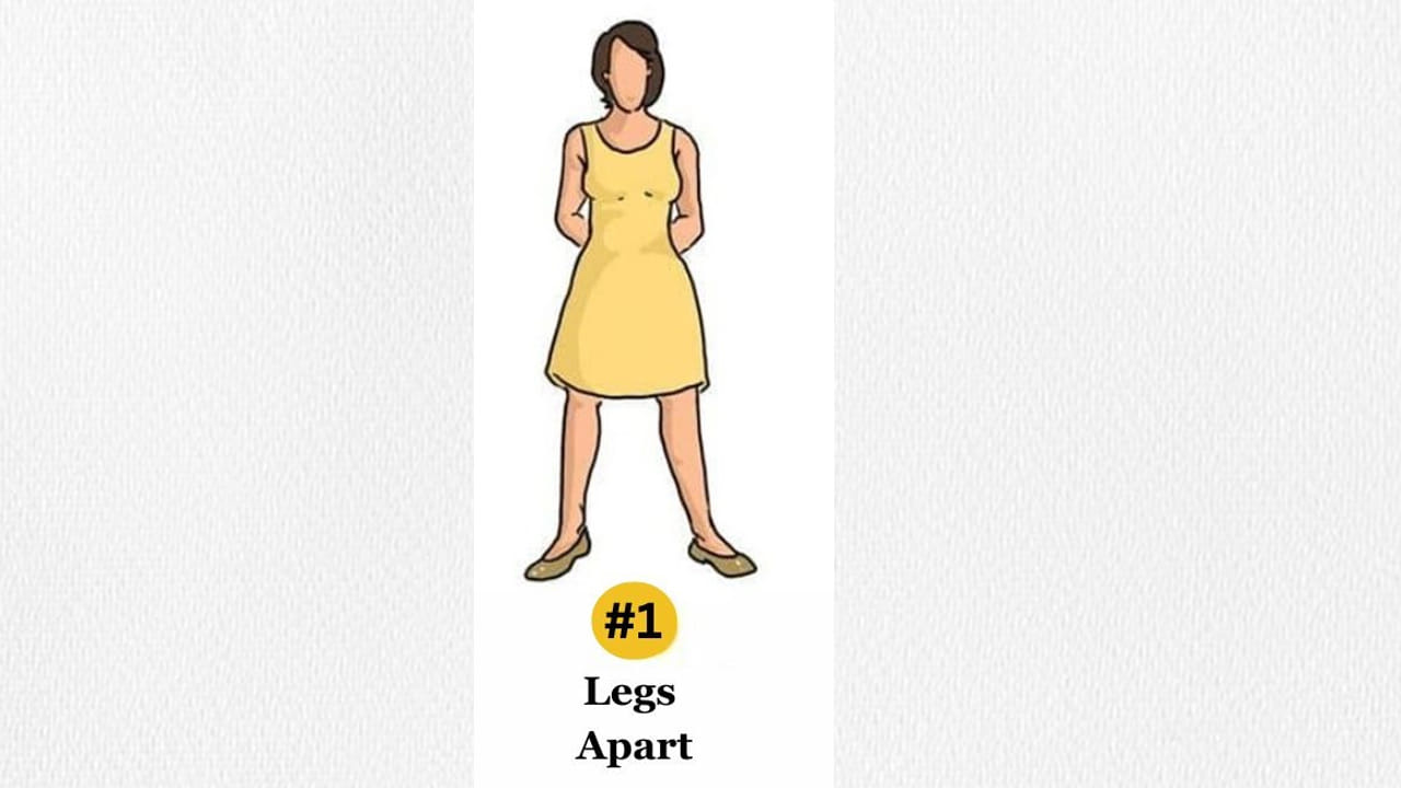 1.కాళ్లు దూరంగా పెట్టి నిలబడటం : ఏ వ్యక్తి అయితే కాళ్లను దూరంగా పెట్టి నిల్చుంటారో, వారు చాలా ఆత్మివిశ్వాసం గలవారు. వీరు తమ మనసులోని మాటను చెప్పే సమయంలో చాలా  బలంగా, స్పష్టంగా తెలియజేస్తారు. ఎలాంటి సందేహాలు లేకుండా మాట్లాడే స్వభావం కలవారు. ఎలాంటి నిర్ణయాలు తీసుకునే విషయంలోనైనా చాలా తెలివిగా ఉంటారు. భయపడే తత్వం వీరిలో ఉండదు. చాలా ధైర్యంగా సమస్యలను ఎదుర్కొంటారు.  ఒక నాయకుడిలా జీవిస్తారు. అంతే కాకుండా ఇళాంటి వారు చాలా త్వరగా అందరితో కలిసి పోతారు. అందరితో మాట్లాడటానికి ఇంట్రస్ట్ చూపుతారు. మంచి గుర్తింపు నిచ్చే వృత్తల వైపు ఎక్కువ ఆసక్తి చూపుతారు. ముఖ్యంగా ఇలాంటి వారు రాజకీయనాయకులు, న్యాయమూర్తులు, మేనేజర్లు అయ్యే ఛాన్స్ ఎక్కువగా ఉంది.
