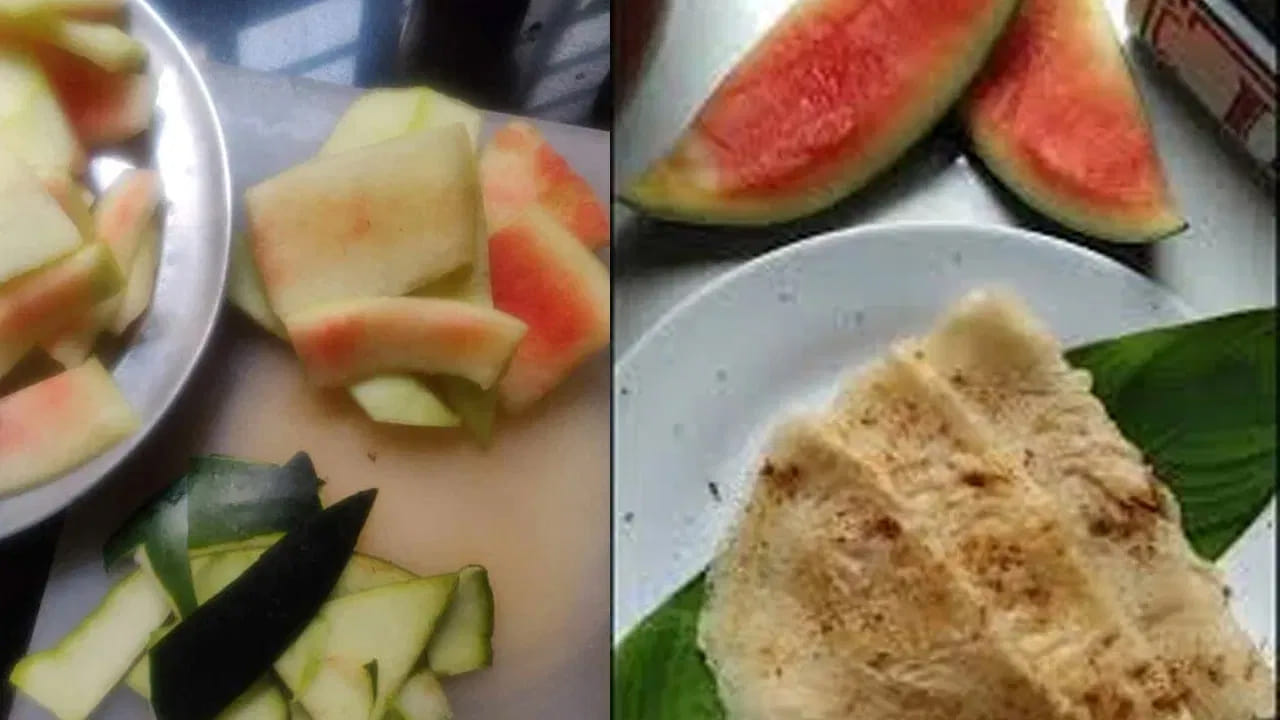 ముందుగా పుచ్చకాయ తొక్కను చిన్న ముక్కలుగా కోసి పక్కన పెట్టుకోవాలి. ఇప్పుడు ఒక మిక్సింగ్ బౌల్ తీసుకుని అందులో పుచ్చకాయ తొక్క, నానబెట్టిన బియ్యం, పచ్చిమిర్చి, అల్లం, కొబ్బరి పొడి వేసి మెత్తగా గ్రైండ్‌ చేసుకోవాలి. 